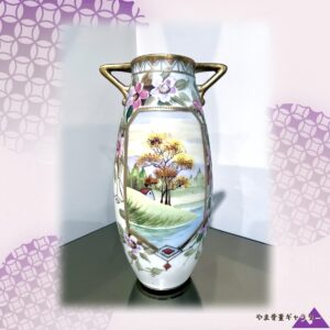 【秋の木立が水辺に灯る】オールドノリタケ ビーディング 風景文 両耳花瓶 金彩