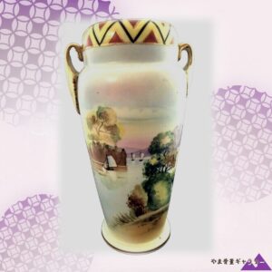 【木立の切れ間に三つの帆】オールドノリタケ 色絵 帆船風景文 両耳花瓶 幾何文