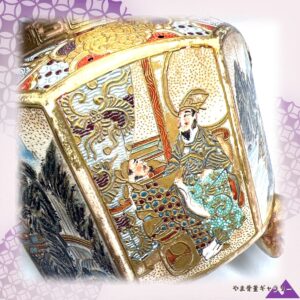 【六面にひらく物語の窓】薩摩焼 色絵金彩 人物文 香炉 銀製透かし蓋