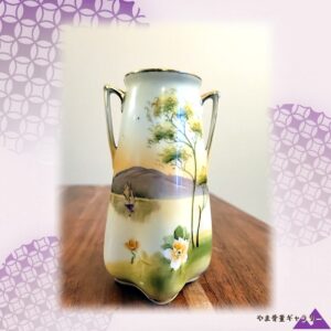 【帆かけ舟が湖の隅を渡る】オールドノリタケ 手描き 帆船水辺文 両耳小花瓶 金彩