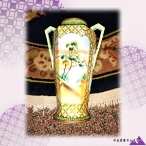 【淡い丘に松がそよぐ】オールドノリタケ 七宝つなぎ地文 風景文 両耳花瓶 色絵