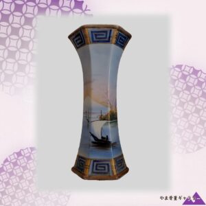 【六角の窓に富士が澄む】オールドノリタケ ビーディング 富士山文 六角花瓶 金彩