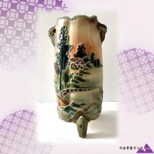 【山の夕焼けを粒でなぞる】オールドノリタケ 盛上 風景文 三足花瓶 ビーディング