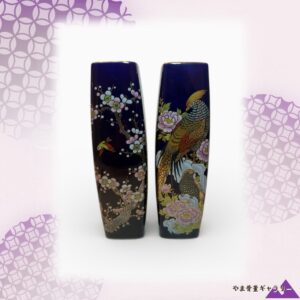 【春と秋が向かい合う二本】コバルト金彩 桜文 花鳥文 角花瓶 一対
