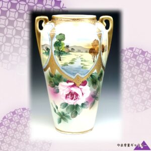 【川をたどると薔薇へ着く】オールドノリタケ 盛上 風景文 両耳花瓶 薔薇文