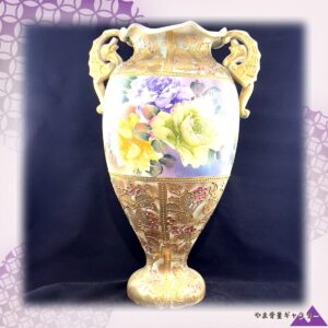 【金の茂みに大輪がひらく】オールドノリタケ 金盛 薔薇文 両耳飾壷 ビーディング