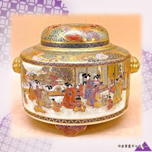 【蓋を上げれば座敷の宴】薩摩焼 宝山 細密 人物文 香炉 金彩