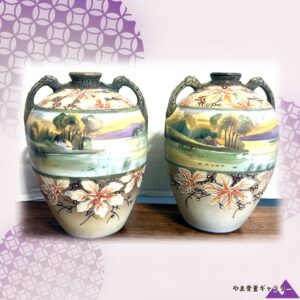 【二つ並んで暮れてゆく湖】オールドノリタケ 盛上 葉文 湖畔風景文 両耳花瓶 一対