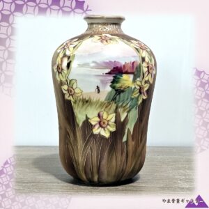 【水仙の輪の奥をゆく人影】オールドノリタケ ビーディング 水仙文 風景文 花瓶 金彩