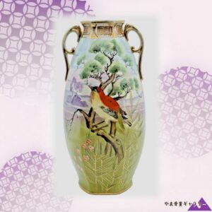 【朱の一羽が竹に休らう】オールドノリタケ 金彩 花鳥文 両耳花瓶 竹文