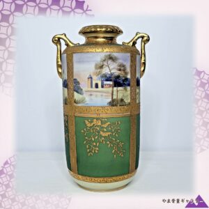 【緑の帳に城影がのぞく】オールドノリタケ 金盛 風景文 両耳花瓶 緑地