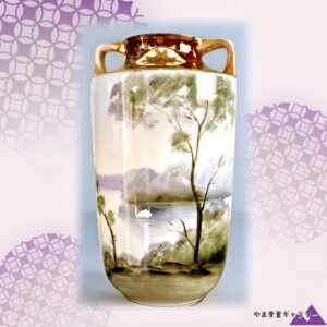 【霧の湖をわたる白鳥】オールドノリタケ 白鳥湖風景文 両耳花瓶 金彩