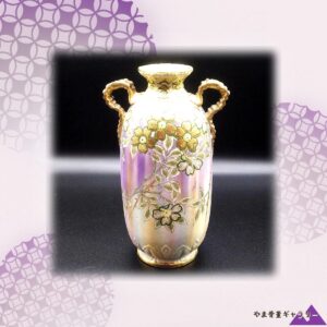 【藤色の霞に金の花が咲く】オールドノリタケ 金盛 花文 両耳花瓶 ラスター彩