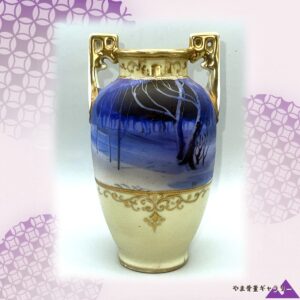【夜の木立に滲む群青】オールドノリタケ 藍彩 木立風景文 両耳花瓶 金彩