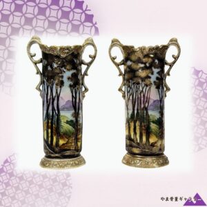 【湖畔の木立が朝を待つ】オールドノリタケ 金盛 風景文 両耳花瓶 一対