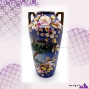 【瑠璃の空に桜がこぼれる】オールドノリタケ ビーディング 桜文 両耳花瓶 コバルト金彩