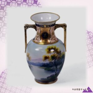 【掌におさまる秋の水辺】オールドノリタケ コバルト金彩 風景文 両耳花瓶