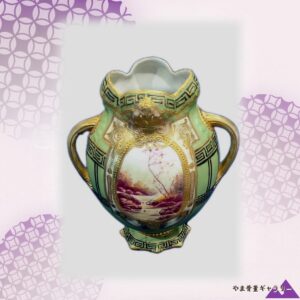 【金の額に囲われた紅の渓】オールドノリタケ 金盛 ビーディング 風景文 両耳飾壷