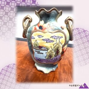 【粒がしきつめる夕暮れの湖】オールドノリタケ コラレン 湖畔風景文 芥子文 両耳花瓶