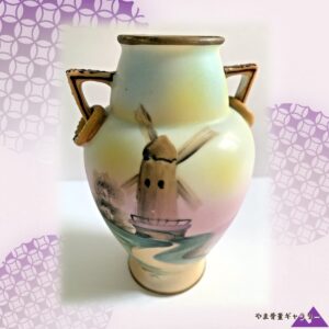 【掌におさまる風車の夕暮れ】オールドノリタケ 手描き 風車風景文 両耳小花瓶 金彩