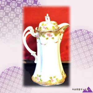 【白磁にほころぶ花綱の彩り】オールドノリタケ 手描 花文 チョコレートポット 金彩