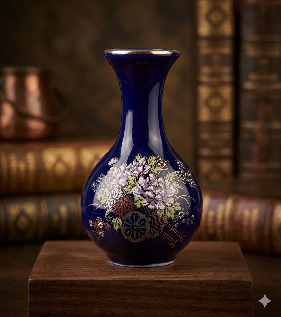 【野の花を積んで藍を渡る】コバルト金彩 花車文 一輪挿 - 画像 (2)
