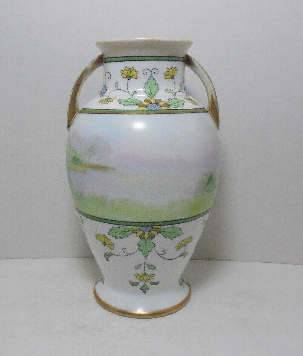 【花の帯にはさまれた春の野】オールドノリタケ 色絵 花唐草文 風景文 両耳花瓶 - 画像 (3)