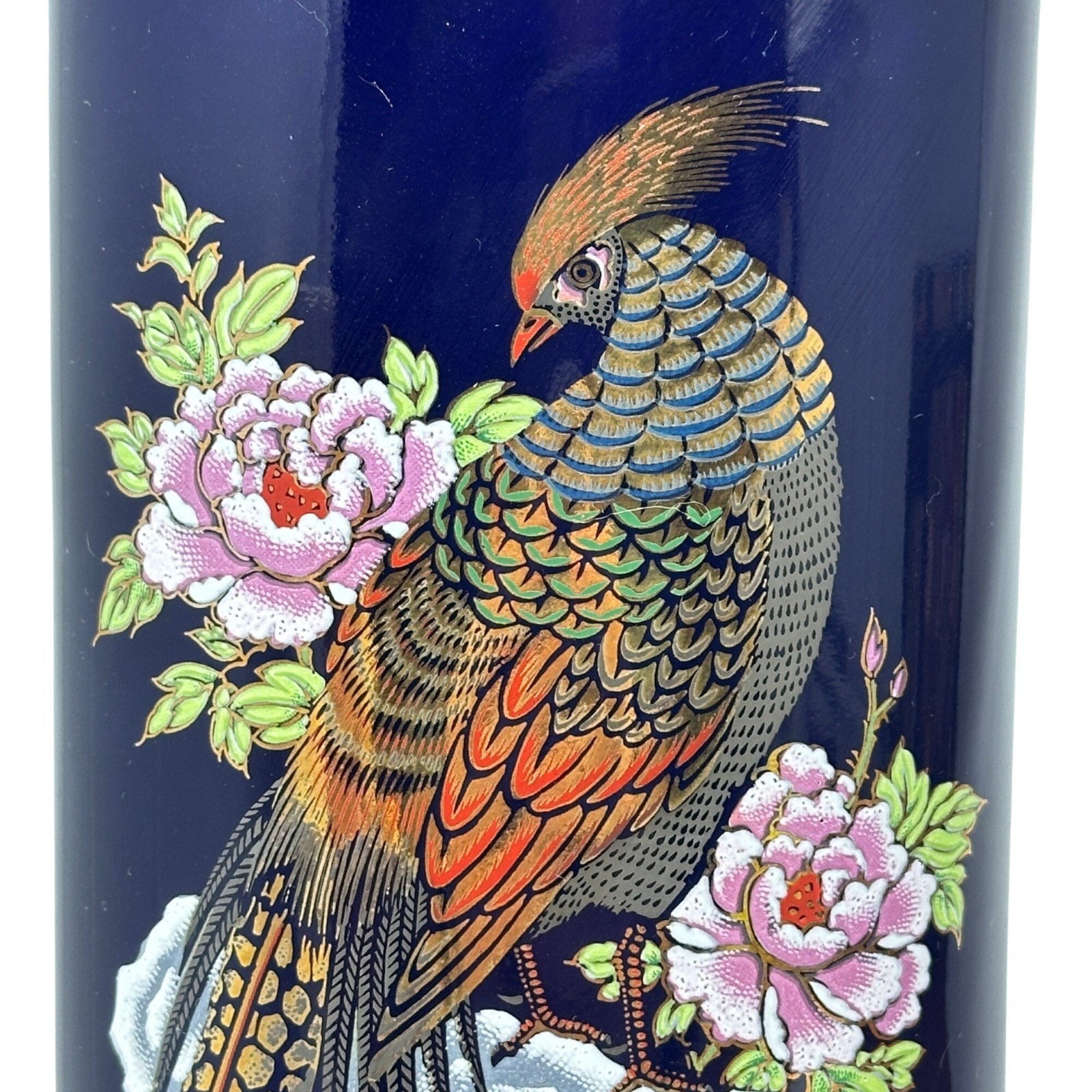 【岩に降りた金の尾長鳥】コバルト金彩 雉に牡丹文 花瓶 色絵 - 画像 (3)