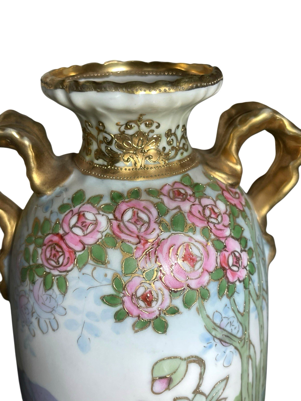 【金の輪郭でとまる芥子の花】オールドノリタケ 金彩 芥子文 薔薇文 両耳花瓶 - 画像 (2)