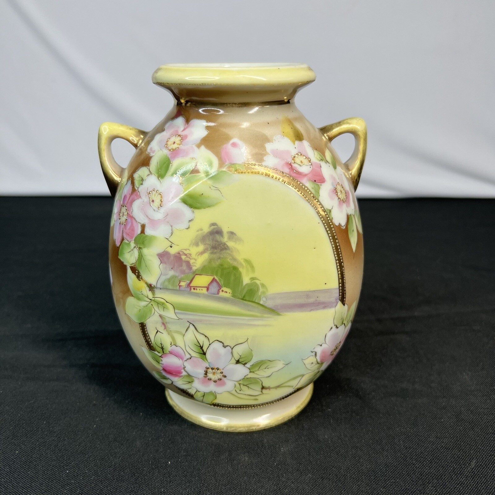 【花の輪から覗く一軒家】オールドノリタケ ビーディング 花文 風景文 両耳花瓶 - 画像 (2)