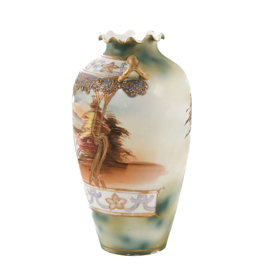 【たそがれの野にのびる金の梢】オールドノリタケ 金盛 風景文 両耳花瓶 輪花口 - 画像 (2)