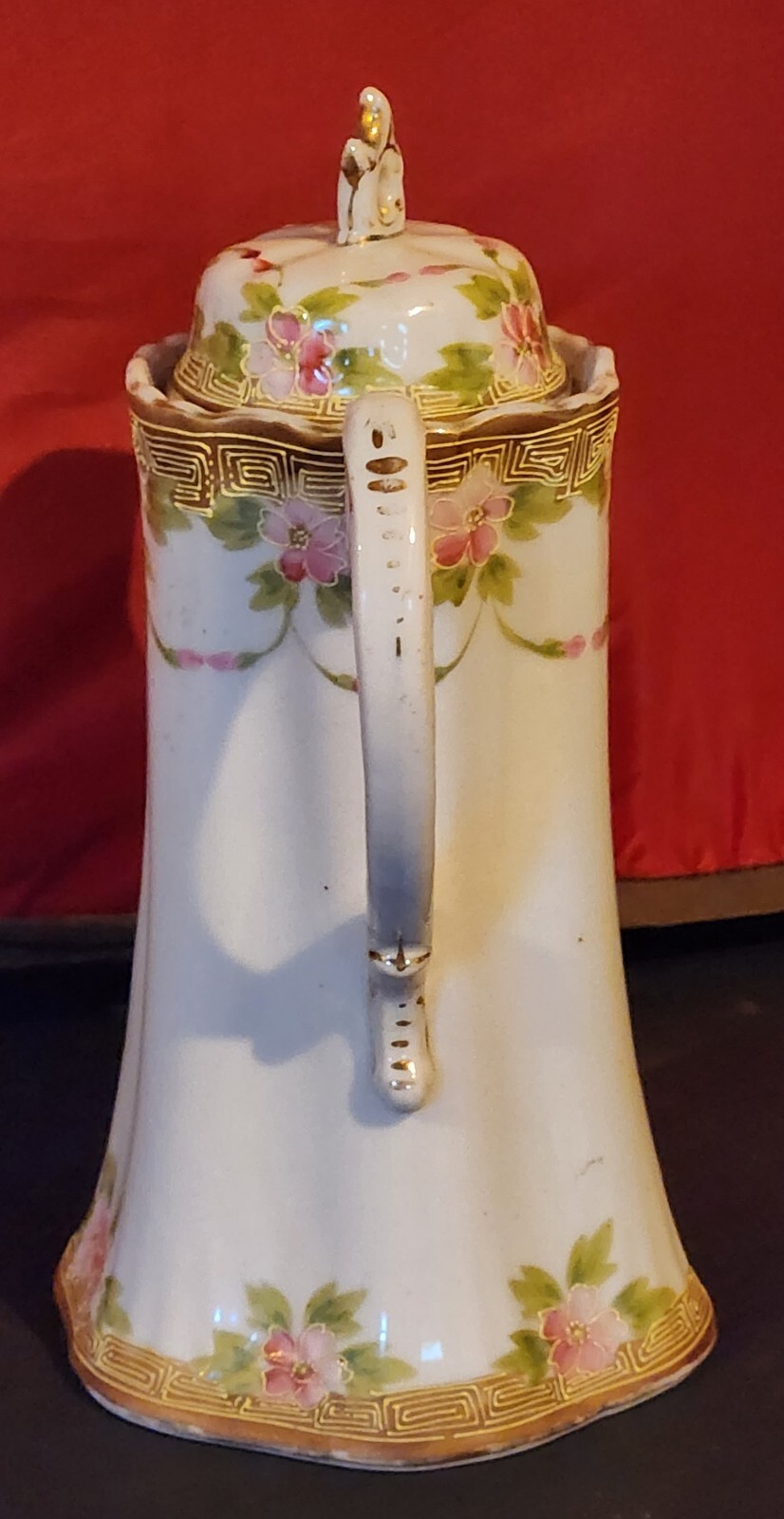 【白磁にほころぶ花綱の彩り】オールドノリタケ 手描 花文 チョコレートポット 金彩 - 画像 (3)