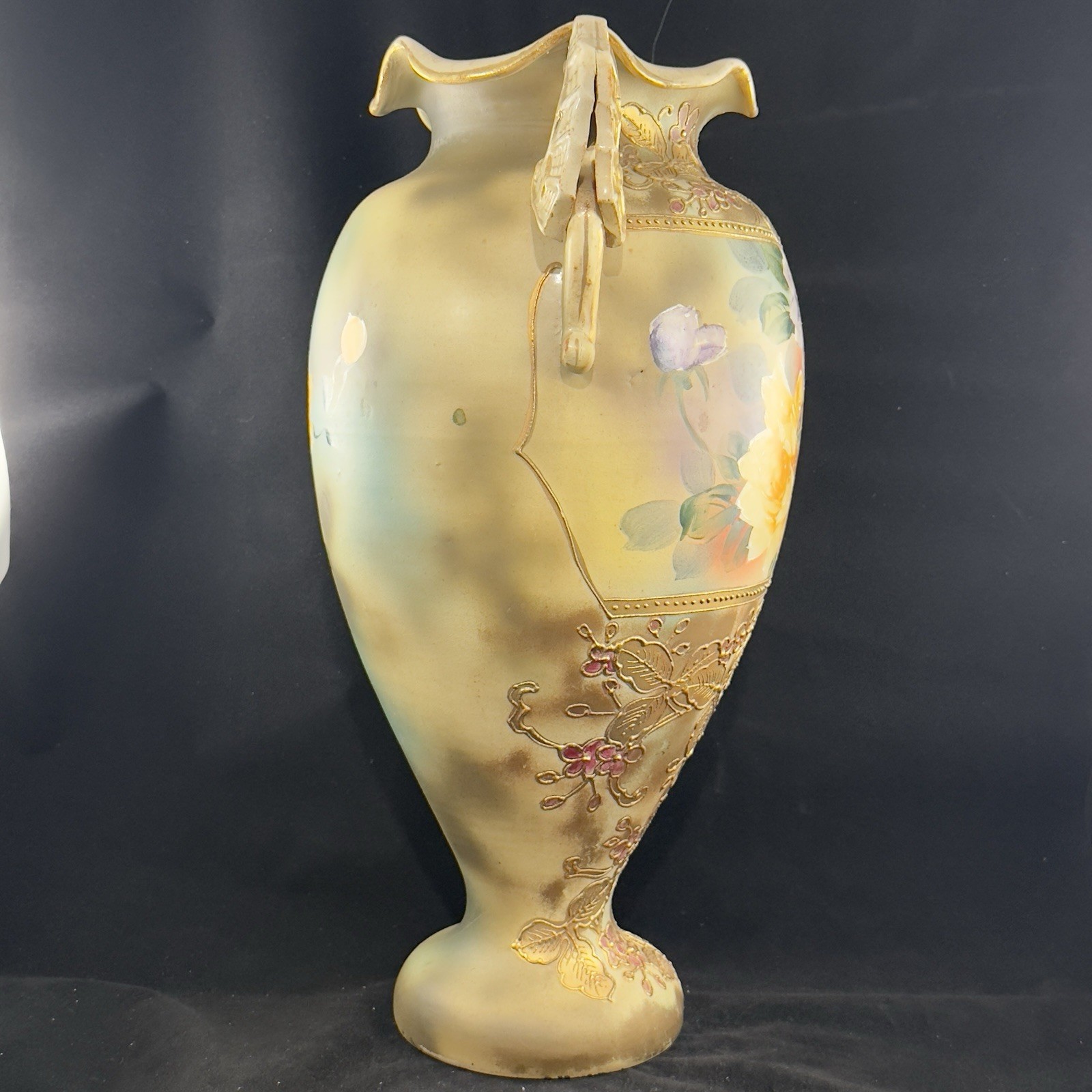 【金の茂みに大輪がひらく】オールドノリタケ 金盛 薔薇文 両耳飾壷 ビーディング - 画像 (2)