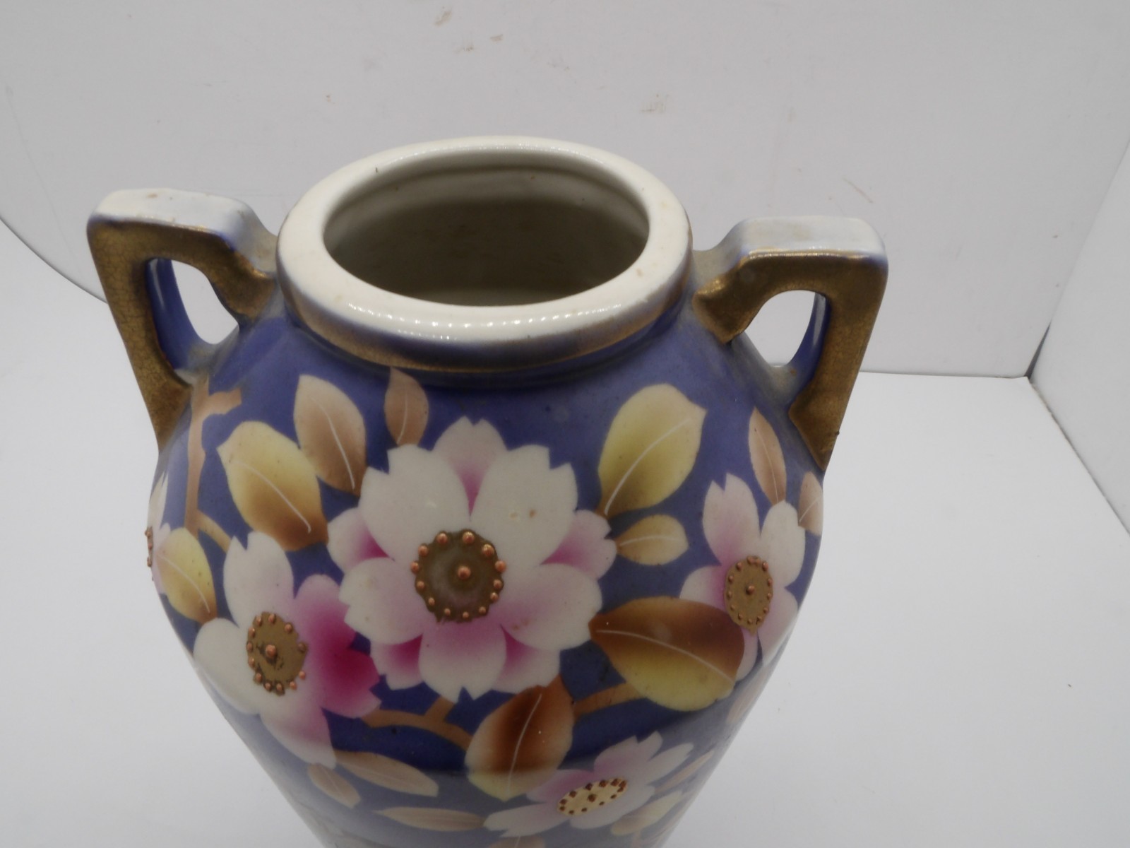 【瑠璃の空に桜がこぼれる】オールドノリタケ ビーディング 桜文 両耳花瓶 コバルト金彩 - 画像 (2)