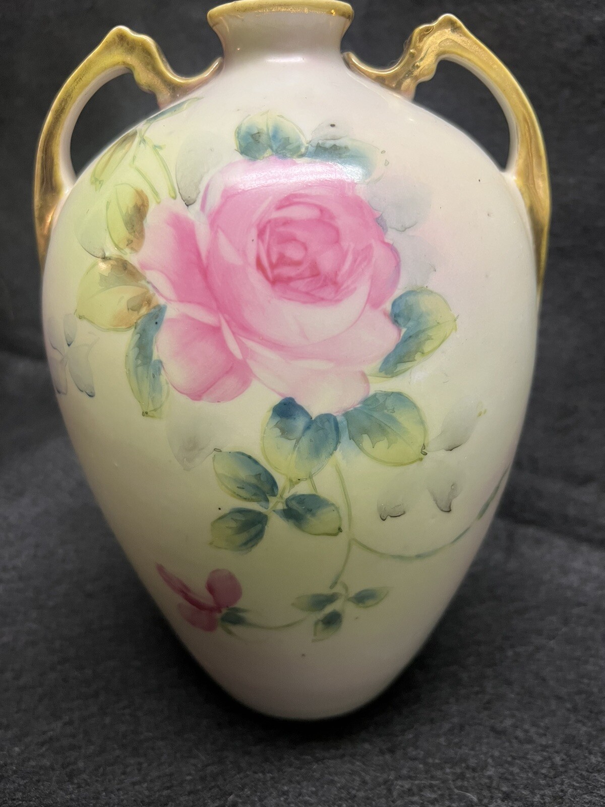 【薔薇がほどける途中で止まる】オールドノリタケ 薔薇文 両耳花瓶 金彩 - 画像 (2)