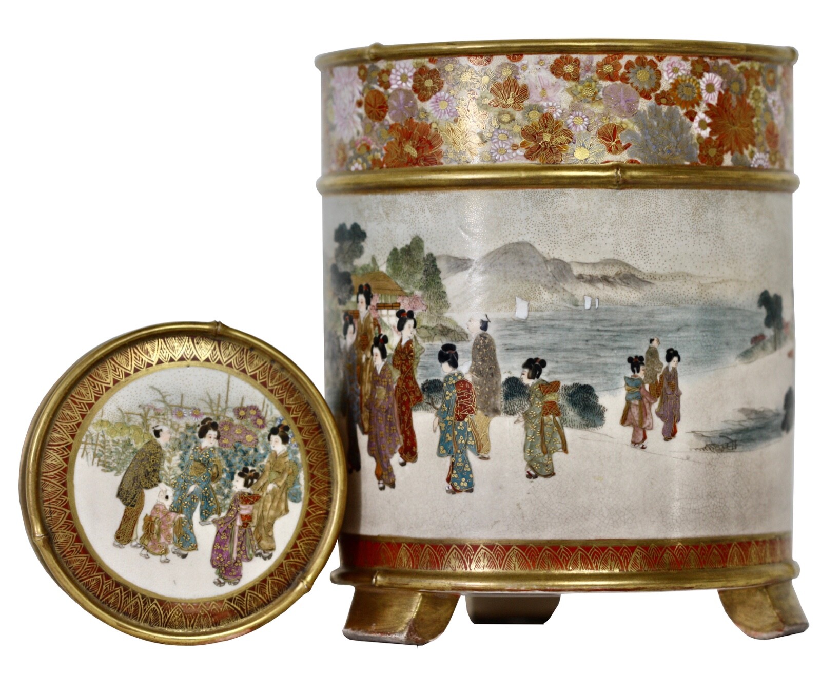 【川辺の遊山が一巡する】薩摩焼 玉山 色絵 人物文 円筒香炉 金彩 - 画像 (2)