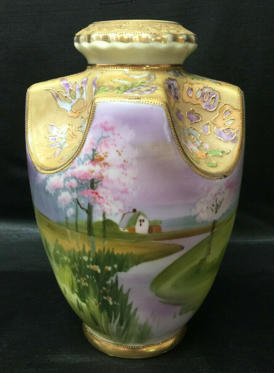 【春の野をのぞく金の額縁】オールドノリタケ 盛上 ビーディング 風景文 花瓶 金彩 - 画像 (2)