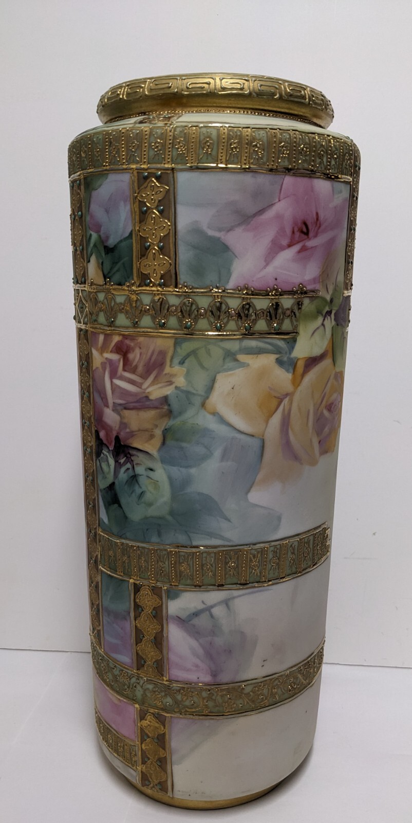【金盛の格子に咲く大輪の薔薇】オールドノリタケ 金盛 ジュエル装飾 薔薇文 花瓶 - 画像 (2)