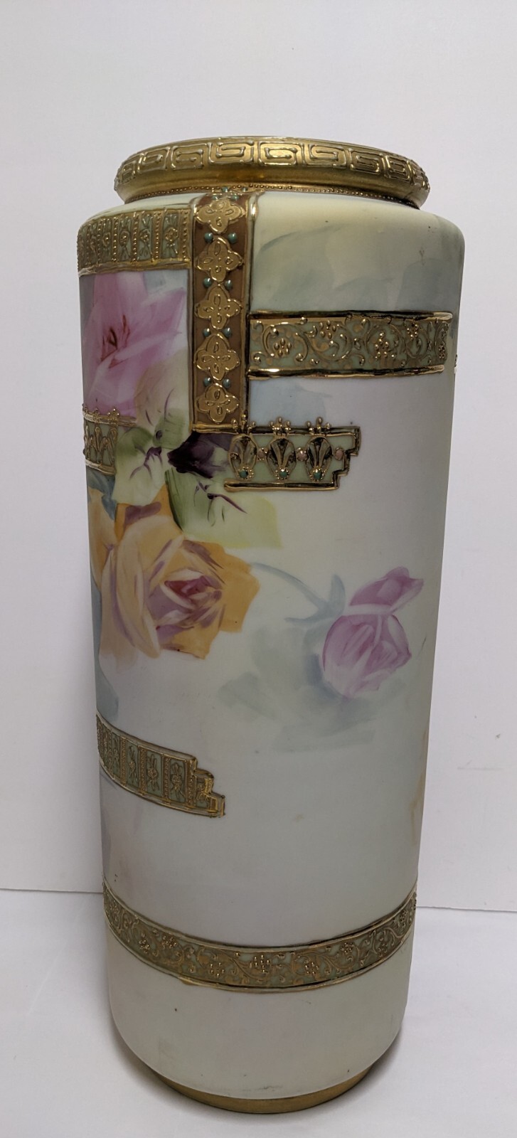 【金盛の格子に咲く大輪の薔薇】オールドノリタケ 金盛 ジュエル装飾 薔薇文 花瓶 - 画像 (3)