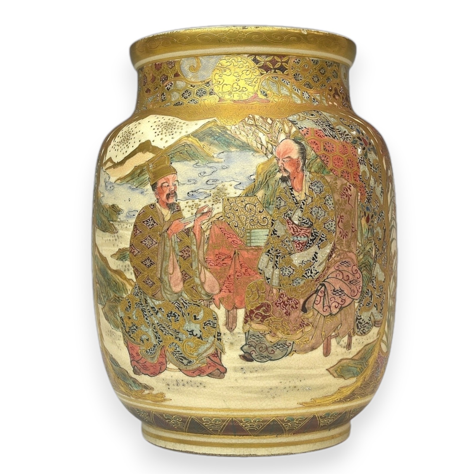 【金襴の袖が絵巻をひらく】薩摩焼 細密金彩 人物文 花瓶 金襴手 - 画像 (3)