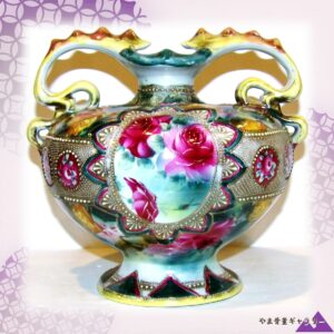 【白い粒が薔薇を囲って灯る】オールドノリタケ 金盛 ビーディング 薔薇文 両耳 花瓶