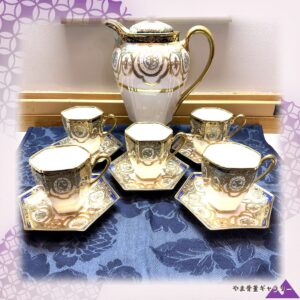 【六角の面に金の粒が連なる】オールドノリタケ 金盛 ジュエル装飾 六角 ティーセット 十一点組