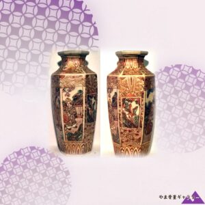 【六面に開く小さな絵巻】薩摩焼 色絵金彩 人物花鳥文 六角花瓶
