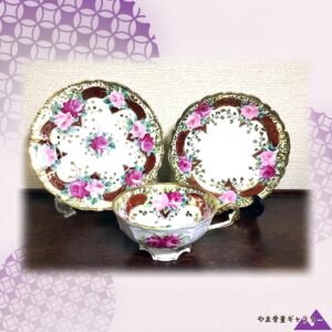 【薔薇が円をつなぐ茶の刻】オールドノリタケ 薔薇文 キャビネットトリオ 金彩