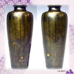 【青銅の水辺に翡翠が立つ】銅器 象嵌 花鳥文 花瓶