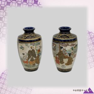 【指先に載る瑠璃の物語】薩摩焼 錦光山 細密金彩 人物文 小花瓶 二点