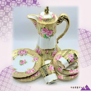 【金の粒が縁どる薔薇】オールドノリタケ 金盛 薔薇文 チョコレートポット7点揃