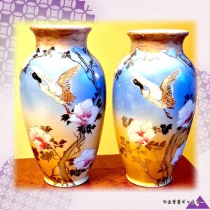 【空色から金色へ雁が翔つ】オールドノリタケ 盛上 雁に芙蓉文 大花瓶 一対
