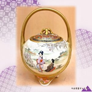 【藤の下をゆく女たち】薩摩焼 錦光山 細密金彩 藤花人物文 手付香炉