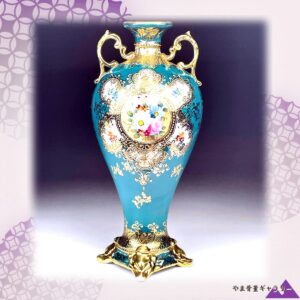 【碧の地に金の唐草が絡む】オールドノリタケ 金盛 花文 両耳 花瓶 ビーディング